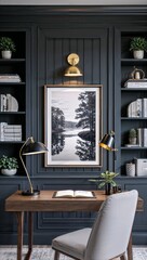 sophisticated interior design style, featuring a modern home office setup. The layout includes a central framed black and white landscape photograph depicting a serene lake and tree scene