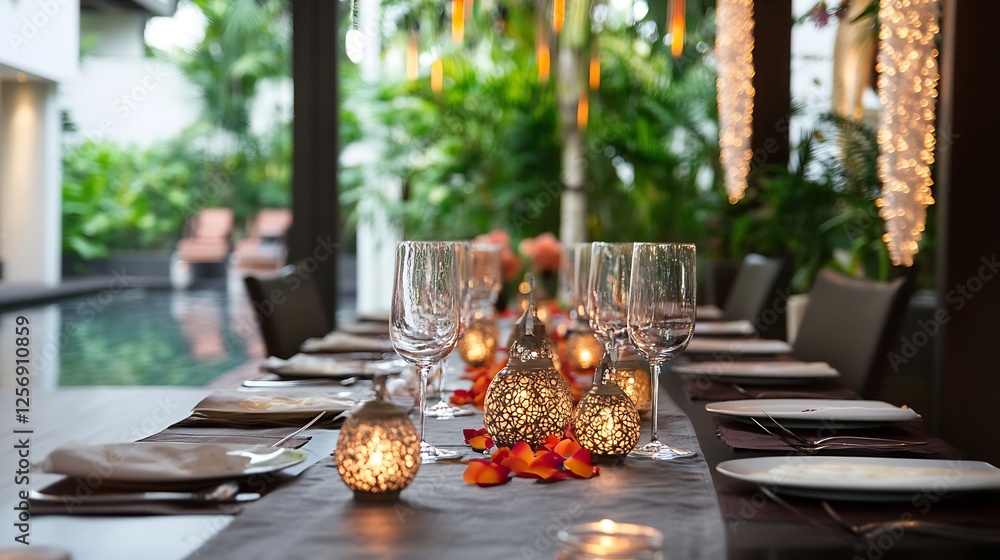 Poster Elegant Table Setting with Twinkling Candles and Decorative Elements in a Lush Garden Setting : Generative AI