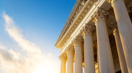 Fototapeta premium Majestic architectural columns of a historic building under a bright blue sky during golden hour : Generative AI