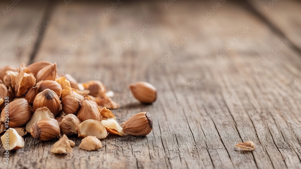 Aufkleber natural hazelnuts scattered on a wooden surface reflecting a rustic and healthy lifestyle : generati