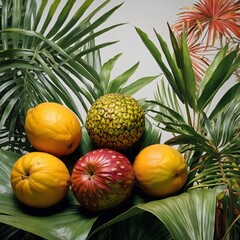 Fototapeta premium Detailed Artistic Representation of Hala Fruit with Palm Tree and Tropical Foliage