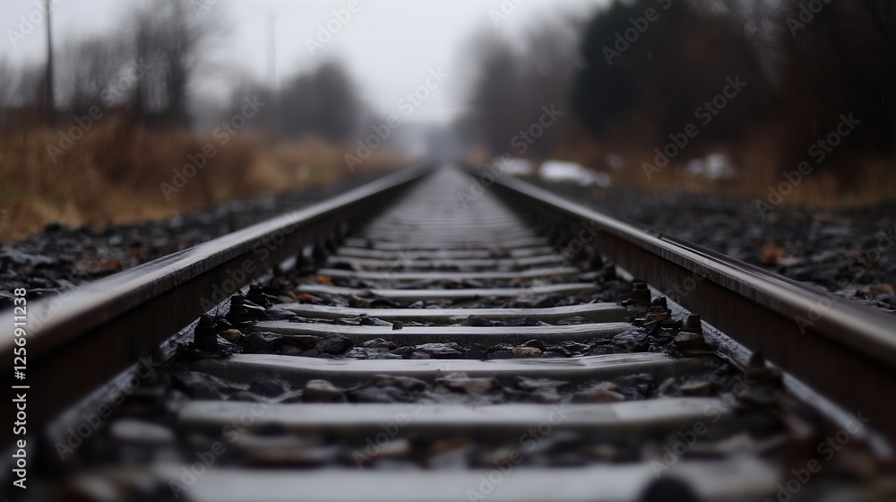 Poster low angle view of railway tracks disappearing into the foggy distance creating a mystic atmosphere :