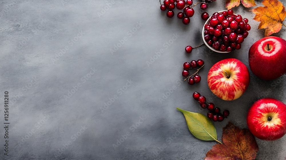 Aufkleber fresh red apples and cranberries beautifully arranged on a textured grey surface with autumn leaves 