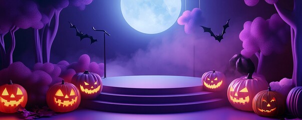 Podium surrounded by spooky pumpkins and bats under a full moon in a haunted forest