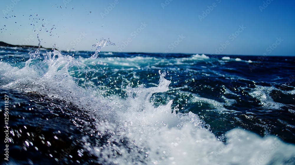 Poster dynamic ocean waves crashing against rocks under a bright blue sky with a refreshing sea breeze : ge