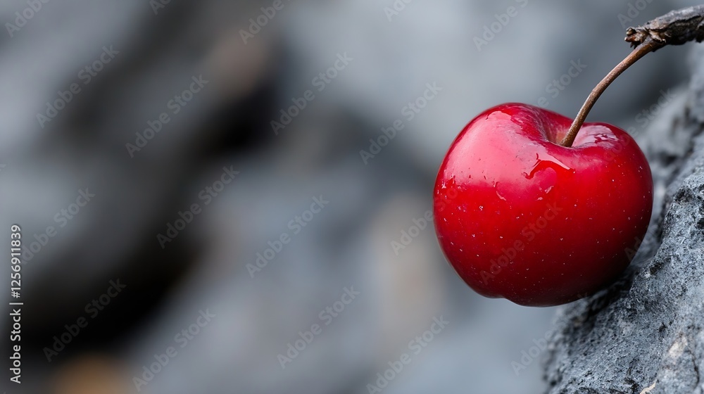 Poster Vibrant and fresh red cherry resting on a textured gray stone surface with a blurred background : Generative AI