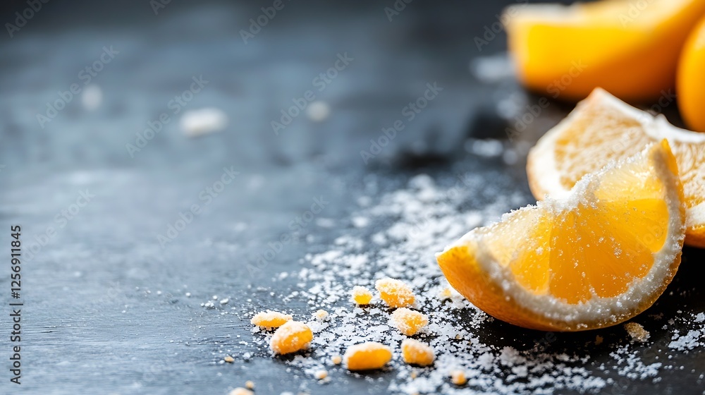 Poster sliced lemons with sugar sprinkled around them on a dark surface giving a refreshing summer vibe : g