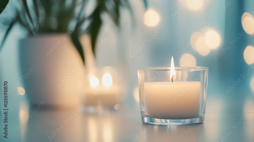 Aufkleber Serene candle lit in a clear glass holder surrounded by soft bokeh lights creating a calming atmosphere : Generative AI