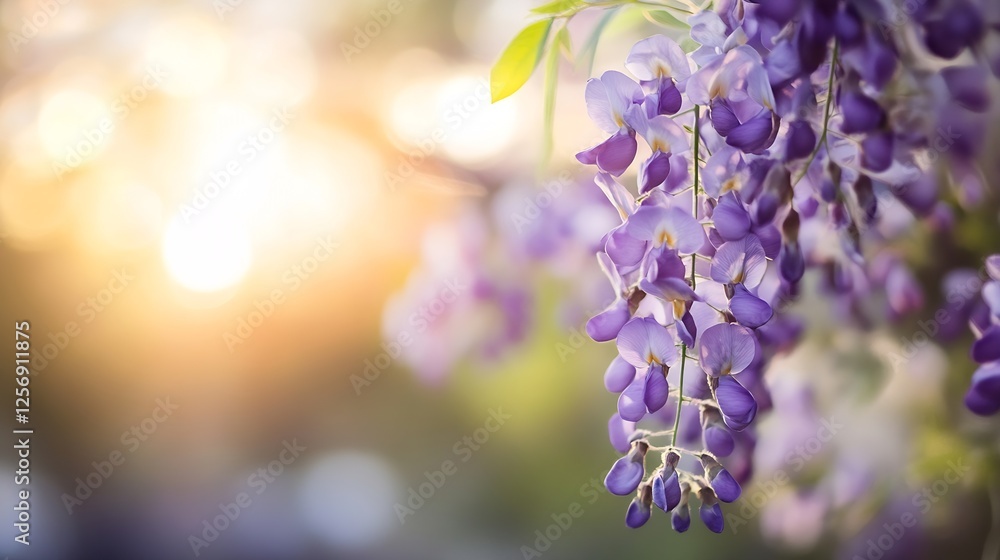 Poster graceful wisteria flowers hanging elegantly against a glowing sunset skyline creating a magical scen