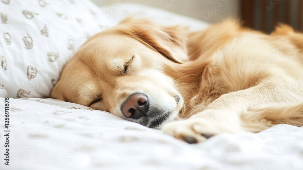 Poster golden retriever peacefully sleeping on a cozy bed in a warm and inviting indoor setting : generativ
