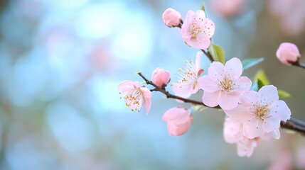 Beautiful cherry blossom branches with delicate pink flowers against a soft blue background in springtime : Generative AI