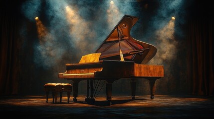 Grand piano illuminated by dramatic stage lighting in a smoky atmosphere, creating a serene ambiance
