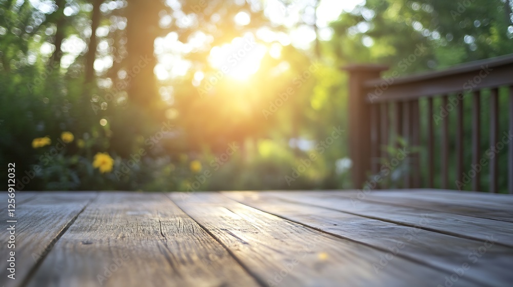 Poster Sunlight streaming through trees illuminating a rustic wooden deck in nature : Generative AI