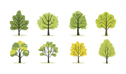 Fototapeta premium Set of tree and leaf collection hand drawn flat design vector element. botanical set of bare trees and ones with leaves and lush green
