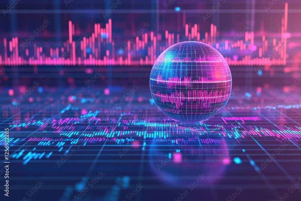 Poster Sphere on a digital background with geometric patterns and bright colors representing technology and innovation