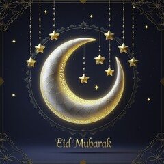 Serene Crescent Moon with Golden Patterns and Floral Geometric Design, Glowing Against Dark Blue Background, Featuring 'Eid Mubarak' in Luxurious Font, Generative AI