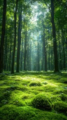 Obraz premium Lush Green Forest with Sunlight Filtering Through Trees, Mossy Ground, Peaceful Atmosphere