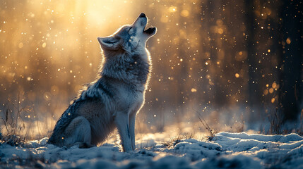A lone wolf howling in the snow, mouth open in a winter landscape, symbolizing strength, solitude, and the untamed spirit of the wild, with a modern bright tone and empty space for captioning.

