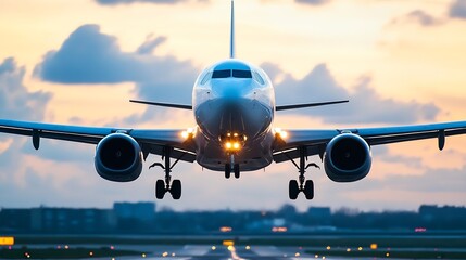 Naklejka premium Airplane taking off with bright lights against a beautiful sunset sky : Generative AI