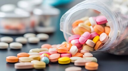 Colorful assortment of pills spilled out of a clear container onto a dark surface : Generative AI