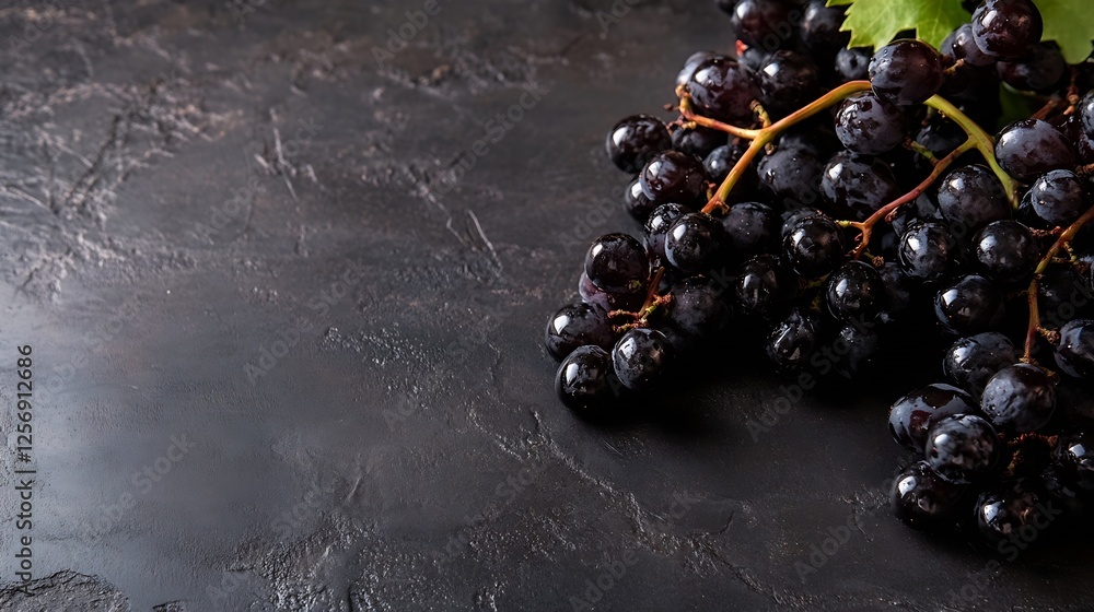 Poster fresh bunch of dark grapes with water drops on a rustic dark surface : generative ai