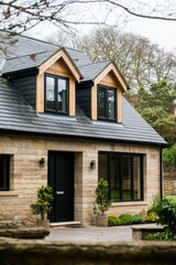 Obraz premium Discover a delightful modern stone house featuring a beautiful slate roof, nestled in a tranquil environment embraced by vibrant trees and lush greenery