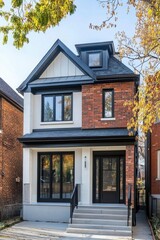 Obraz premium Modern residential building featuring a mix of brick and white exterior in a suburban neighborhood during autumn with sunlight filtering through the trees