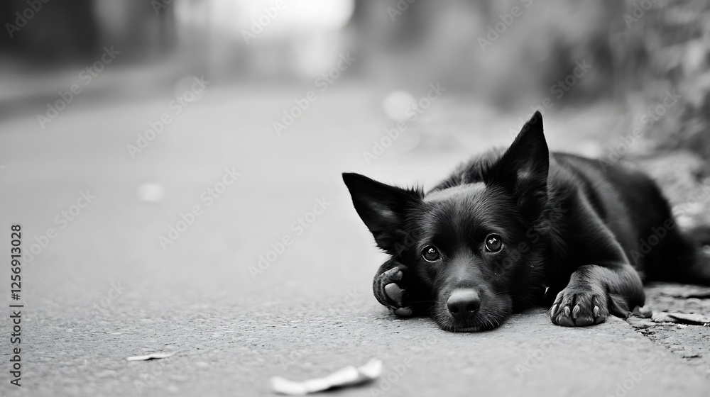 Poster adorable black dog lying down on a pathway looking curiously at the camera with soulful eyes : gener