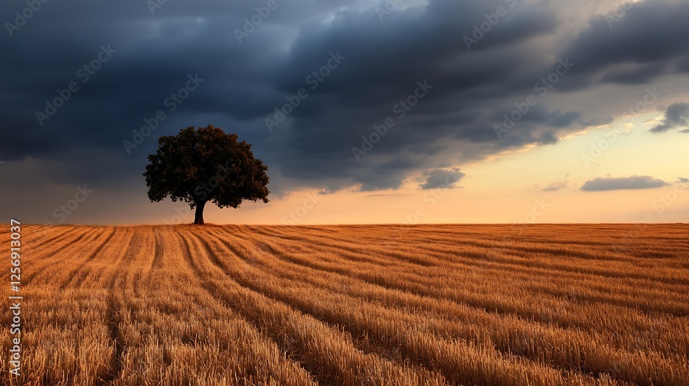 Poster a solitary tree standing tall in a golden field under a dramatic sky filled with ominous clouds : ge