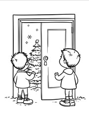 kids coloring page with children looking through a keyhole a christmas tree behind the door black and white simple line art style minimalist drawing white back