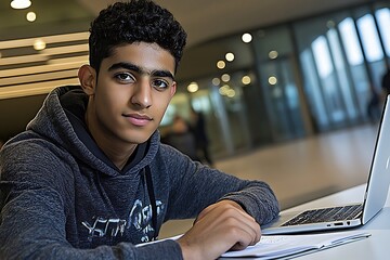 Teenage boy studying at a modern library