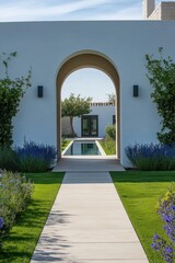Fototapeta premium A stunning garden pathway gracefully guides you to a tranquil pool area, which is enveloped by vibrant, lush greenery and features a contemporary architectural design