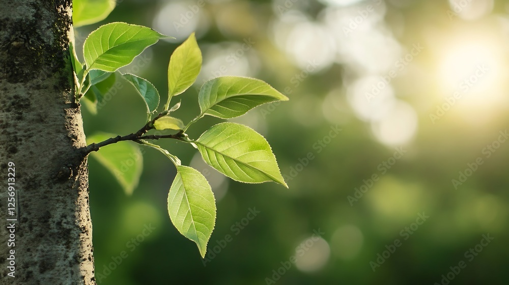 Poster fresh green leaves on a tree branch gracefully illuminated by soft sunlight in a serene natural sett