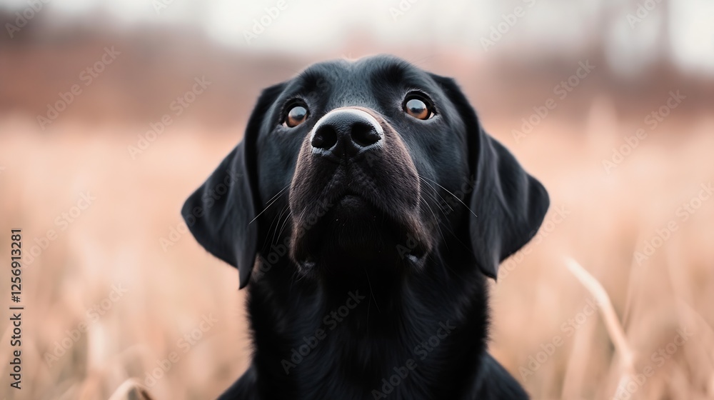 Aufkleber Majestic black Labrador Retriever looking up with an inquisitive expression in a serene outdoor setting : Generative AI