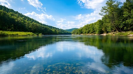 Fototapeta premium Crystal clear river reflecting lush greenery under a bright blue sky showcasing nature's serene beauty : Generative AI