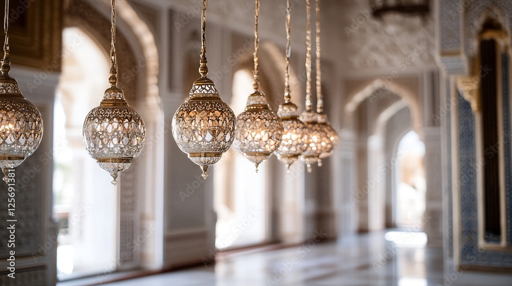 Poster Elegant hanging lanterns with intricate designs illuminating a beautiful interior in warm light : Generative AI