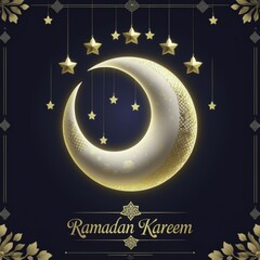 Serene Crescent Moon with Golden Patterns and Floral Geometric Design, Glowing Against Dark Blue Background, Featuring 'Ramadan Kareem' in Luxurious Font, Generative AI