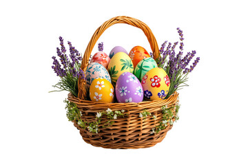Easter basket with colorful eggs and lavender flowers isolated on white or transparent, PNG