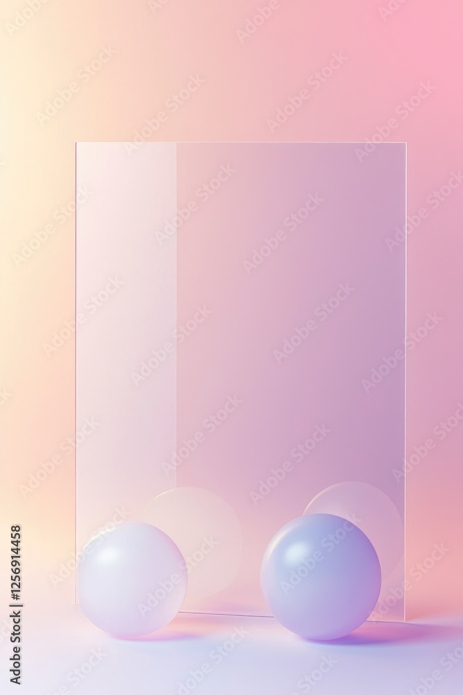 Poster abstract 3d render featuring spheres and frosted glass in a soft pastel gradient background.