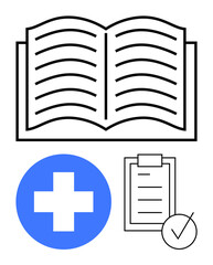 Open book with bold lines, blue medical cross circle, and checklist with tick mark. Ideal for health records, medical studies, education, organization, healthcare planning, research abstracts