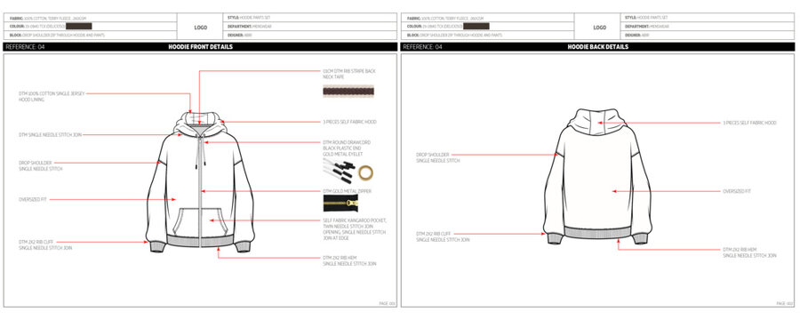 Men's Terry Fleece Zip Through Drop Shoulder Hoodie Fashion Design Technical Tech Pack. 