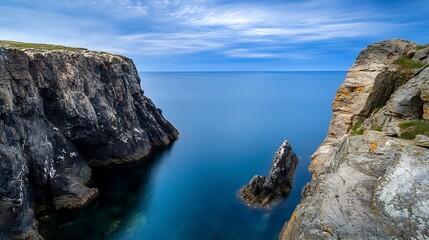 Breathtaking coastal view with dramatic cliffs and serene ocean under a cloudy sky : Generative AI