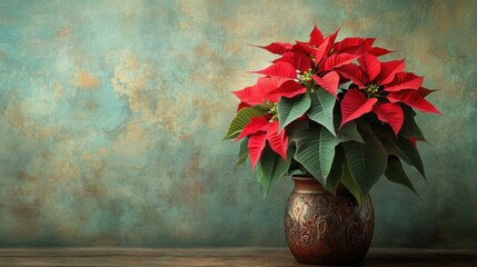 A vibrant poinsettia plant blooming in full color, placed in a decorative pot, surrounded by soft natural light, highlighting the rich red petals and deep green leaves.