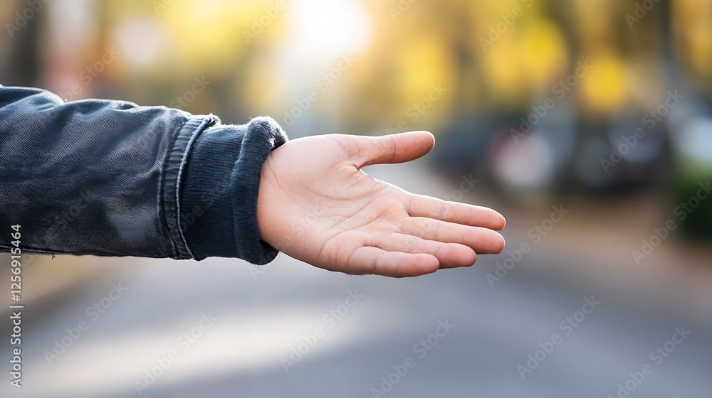 Poster outstretched open hand reaching out in a sunlit urban environment symbolizing connection : generativ