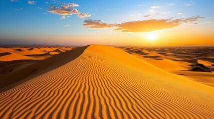 Serene Sunset Over Endless Sand Dunes in Majestic Desert Landscape with Dramatic Clouds and Warm Golden Light