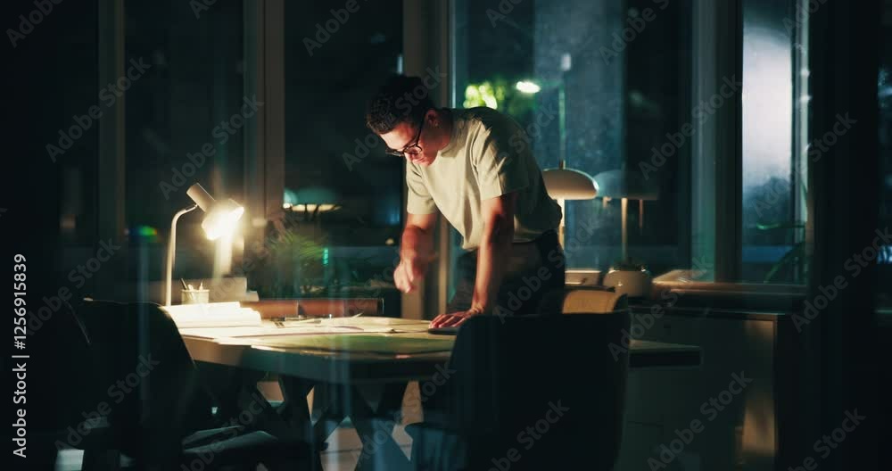 Poster Man, night and thinking with blueprint in office, ideas and vision for infrastructure build. Workplace, architect and editing document with floor plan for layout efficiency, deadline and development