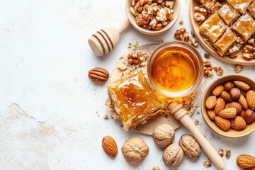 Arabian Baklava with nuts and honey on white background, top view. Ramadan dessert - fresh assorted nut baklava with generative ai