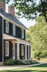 Obraz premium An elegant black and white colonial-style house is beautifully nestled among vibrant, lush greenery in a peaceful suburban neighborhood, basking in the warm glow of a sunny day