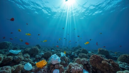 Naklejka premium Underwater Scene With Colorful Fish and Plastic Waste Pollution