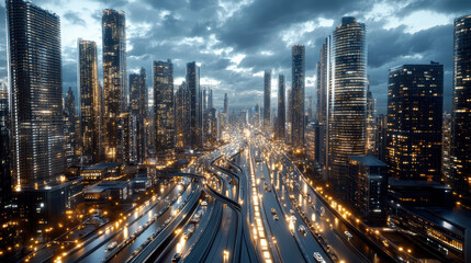 Obraz premium Futuristic industrial cityscape with towering skyscrapers and busy highways